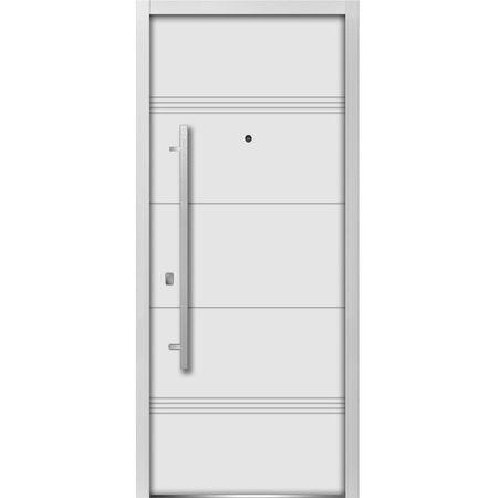 VDOMDOORS Front Exterior Prehung Steel Door / Deux 1705 White Enamel / Horizontal Lines Single Modern Painted DEUX1705ED-BEM